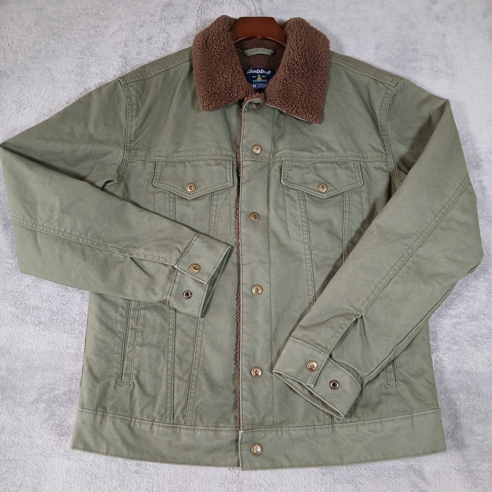 Chubbies Trucker Jacket Mens Medium Sherpa Lined Olive Green Cotton Canvas
